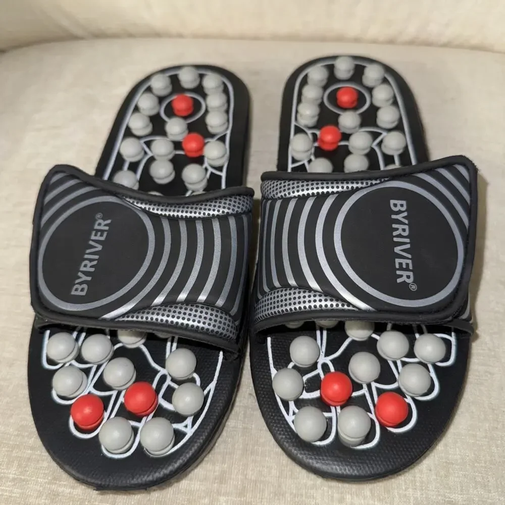BYRIVER Black Acupressure Foot Massage Slippers Shoes Sandals, Size Medium